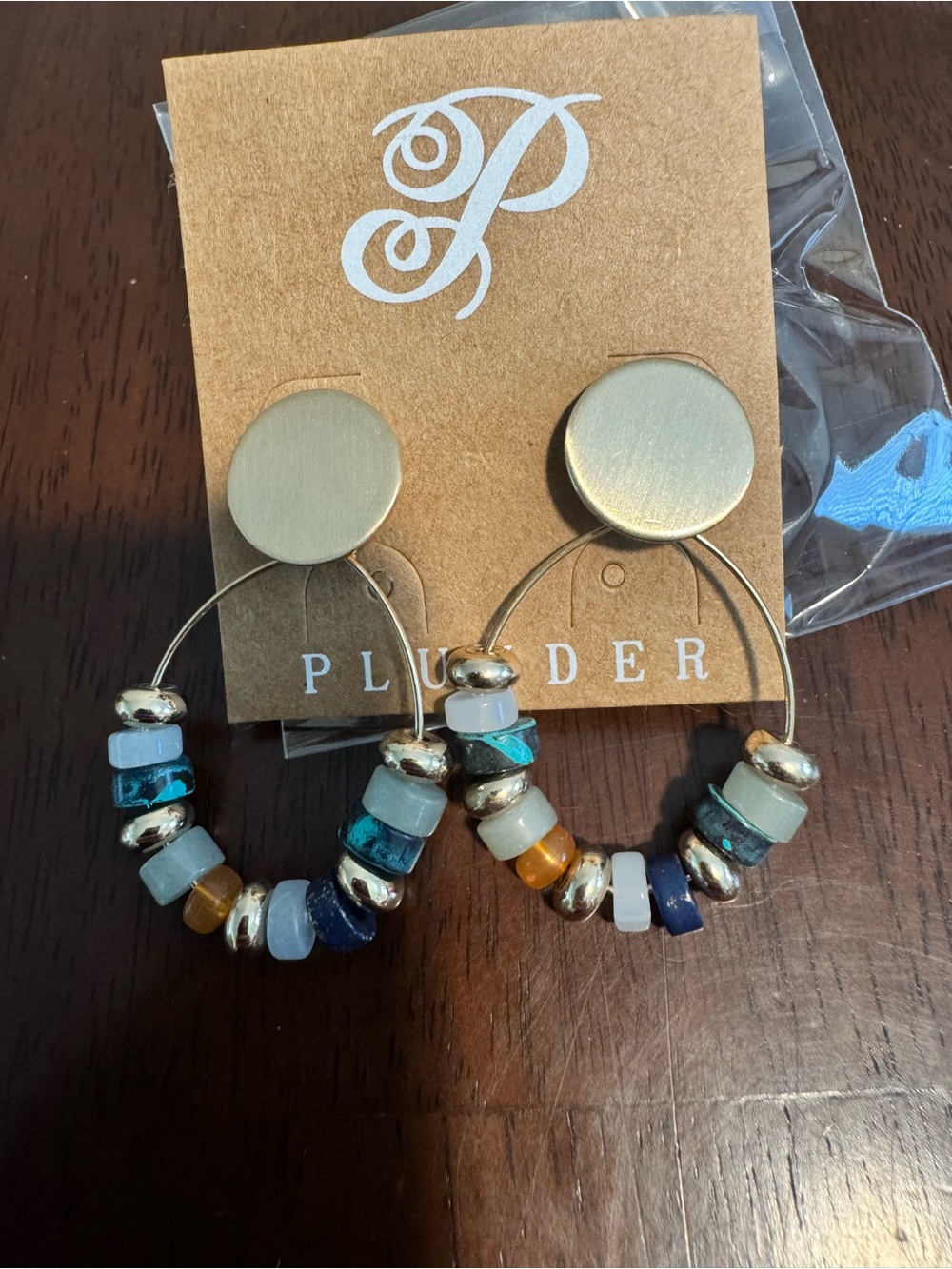 Plunder Gold-Tone Hoop Earrings with Blue, Teal and Amber Beads